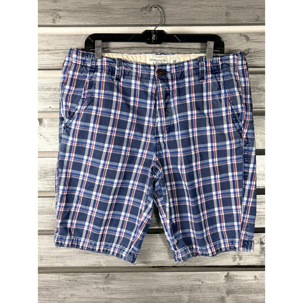 Abercrombie & Fitch Mens Blue Plaid Button Fly Shorts 36 Preppy Classic VTG Y2K